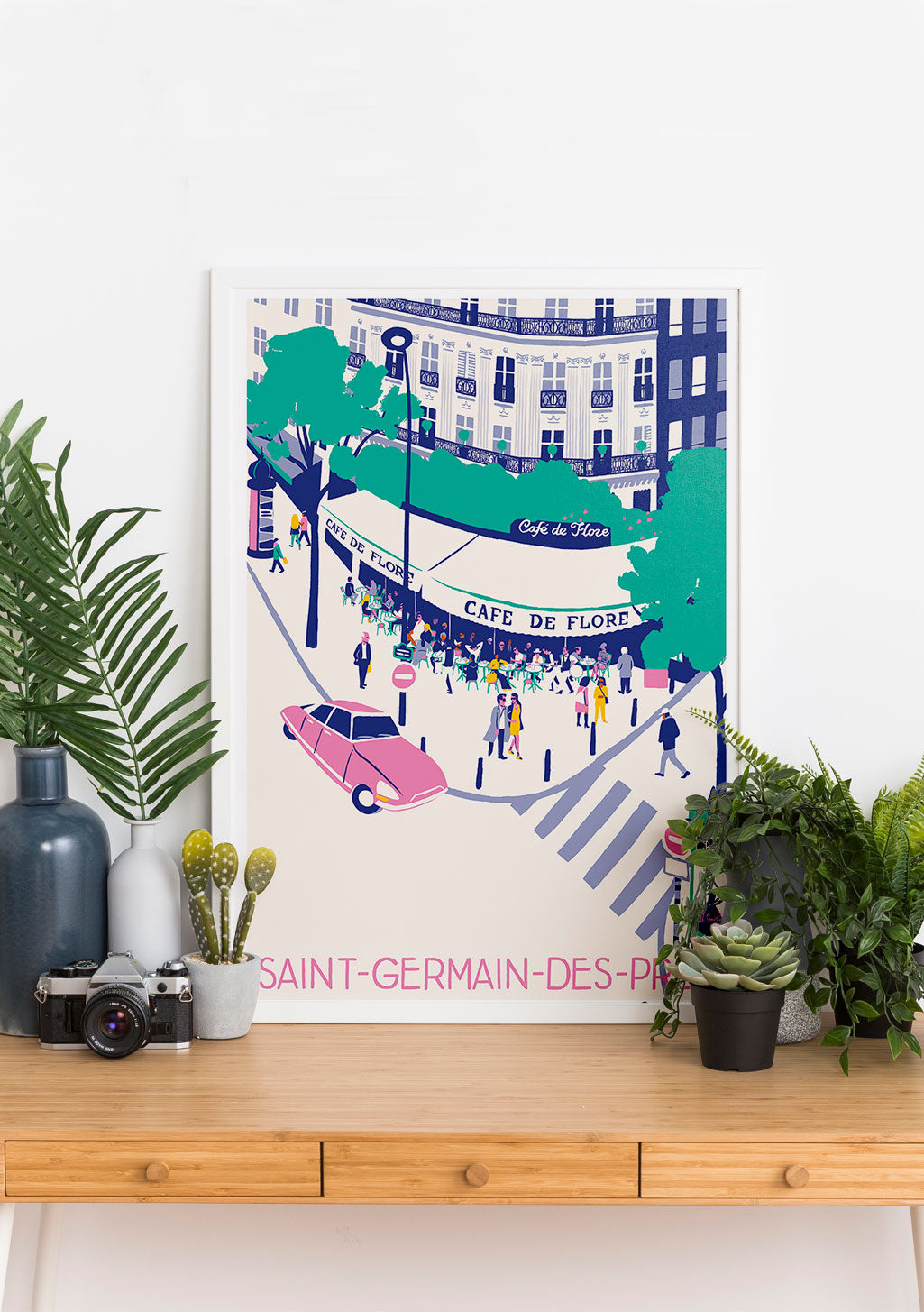Poster de rue parisienne avec café et voiture
