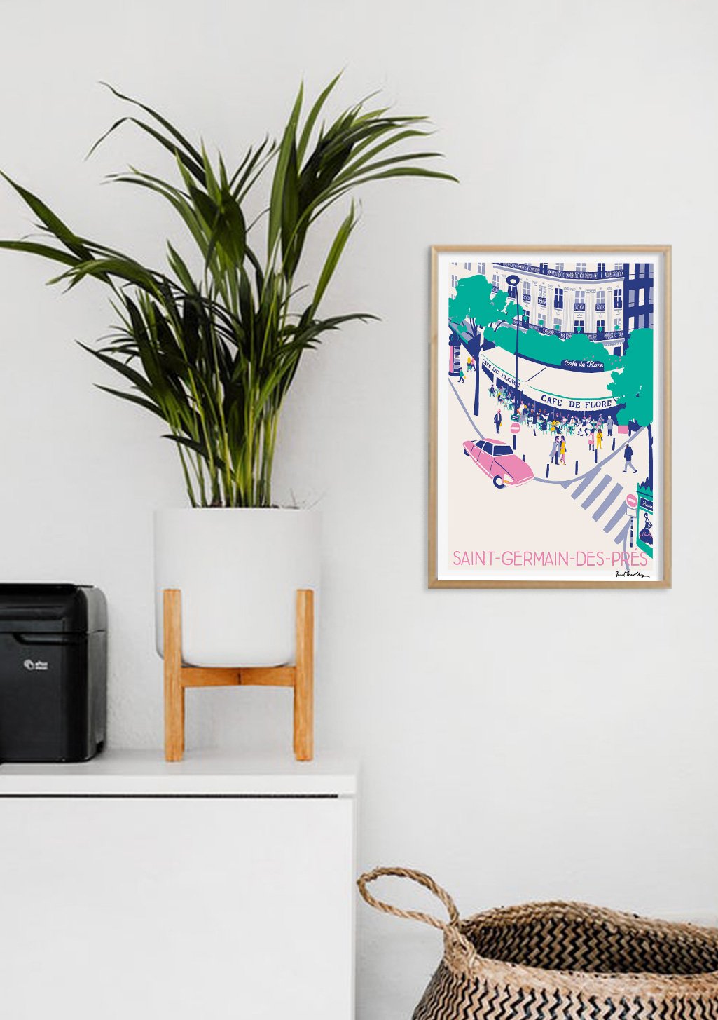 Poster de Saint-Germain-des-Prés, Paris, café, rue, art, illustration, couleurs vives, scène de rue