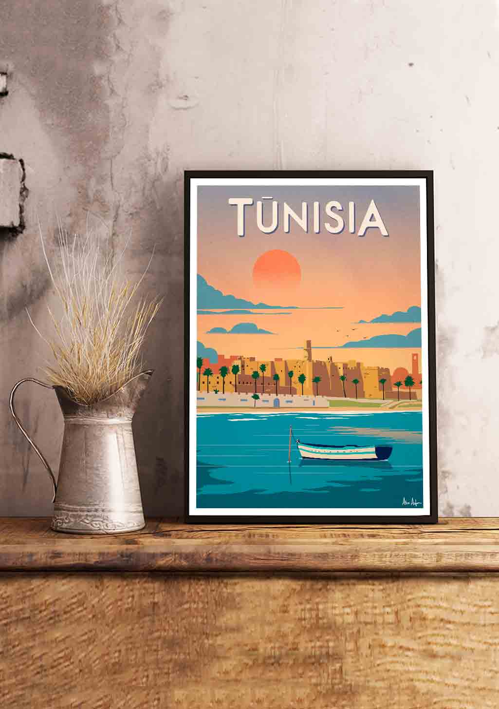 Poster de, bateau, coucher de soleil, ville, palmier, plage