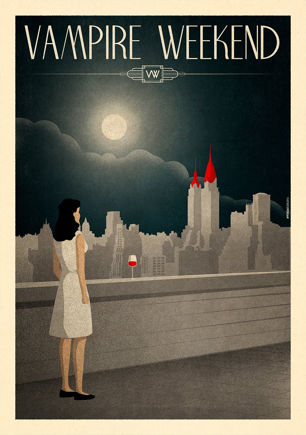 Femme, Ville, Lune, Nuit, Vin, Vampire, Weekend, Poster, Art déco, Silhouette, Ville, Mystère