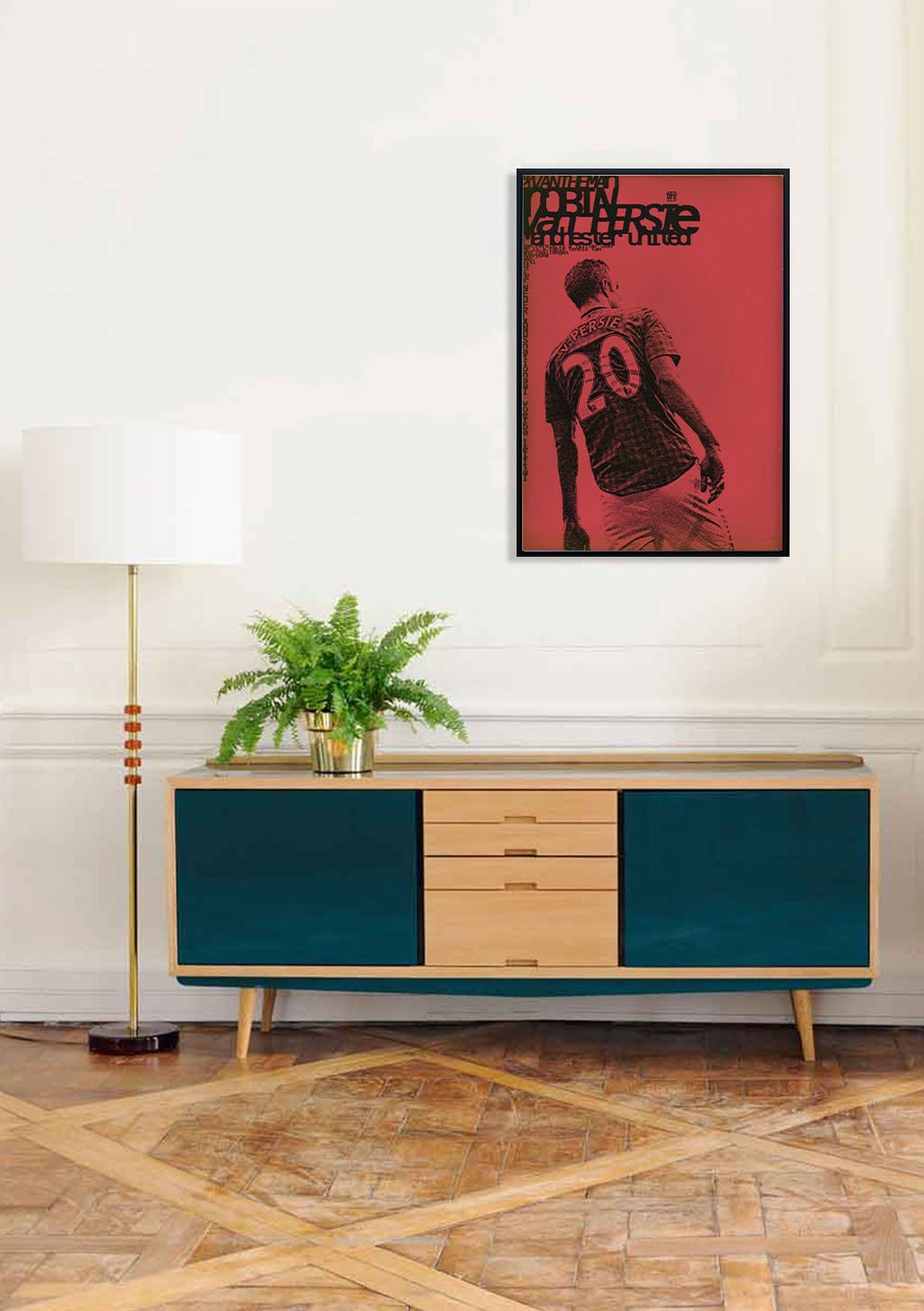 Poster rouge avec joueur de basket-ball, numéro 20, texte blanc