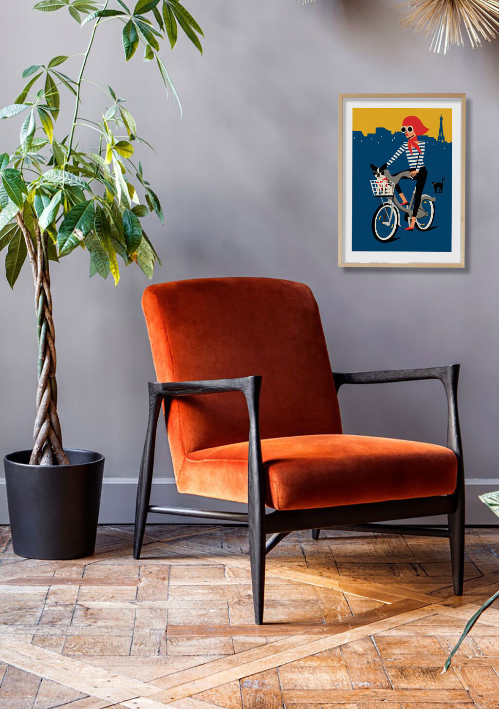 Poster de personne à vélo avec chat dans panier
