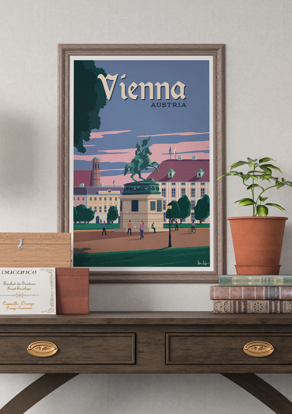 Poster de Vienne, Autriche, statue équestre, bâtiments, ciel rose