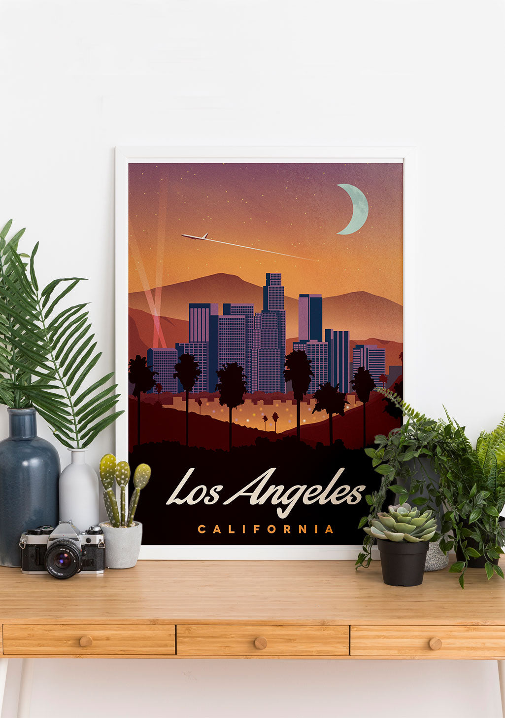 Poster de Los Angeles au coucher du soleil avec avion et lune