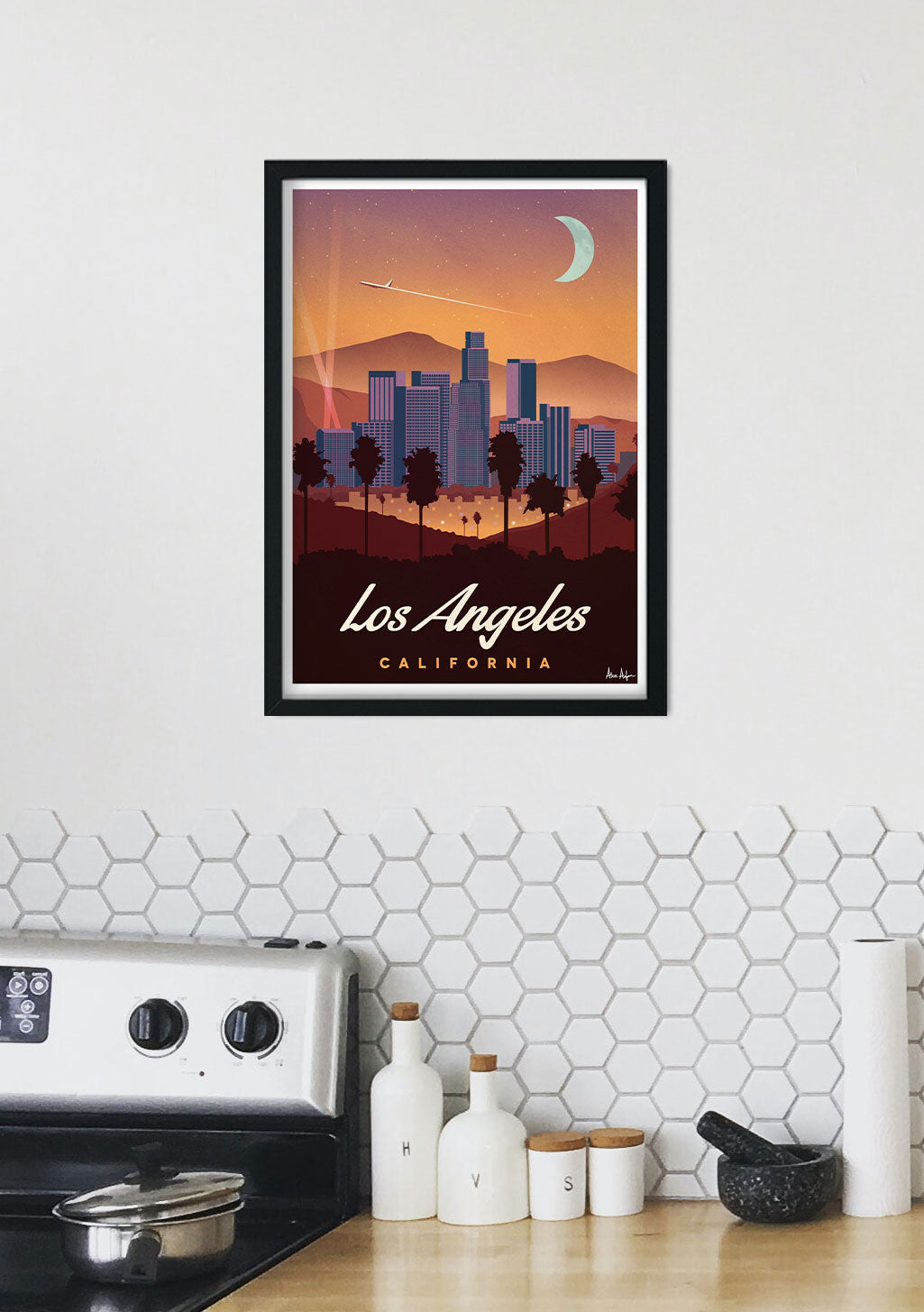 Poster Los Angeles Californie Ville Nuit Ciel Lune Avion