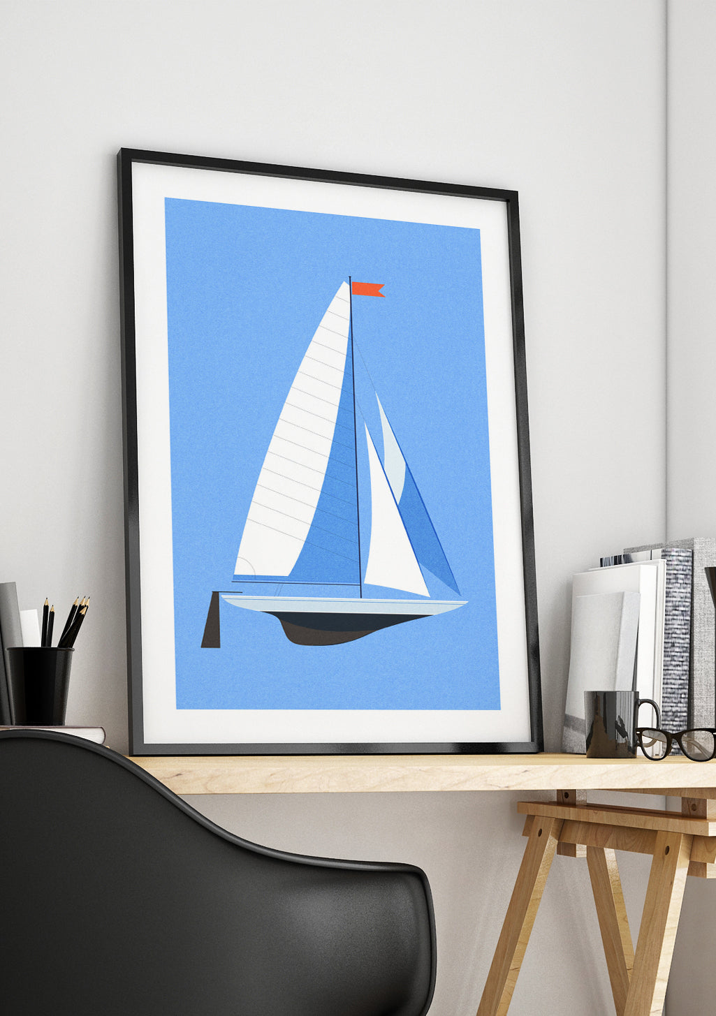 Voile, bleu, bateau, mer, art, moderne, cadre, bureau, chaise, travail, décoration, maison