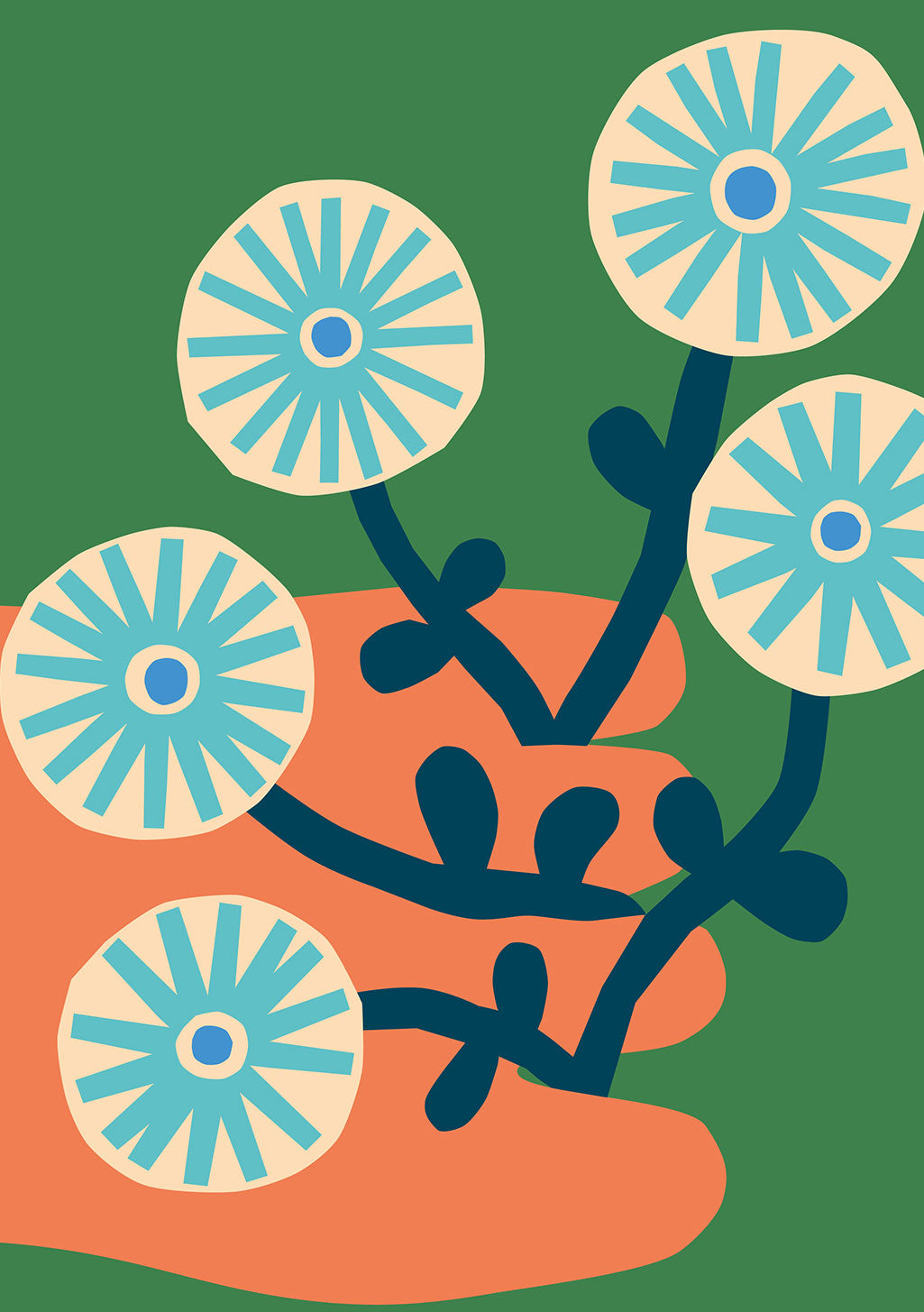 Illustration stylisée de fleurs bleues sur fond orange et vert