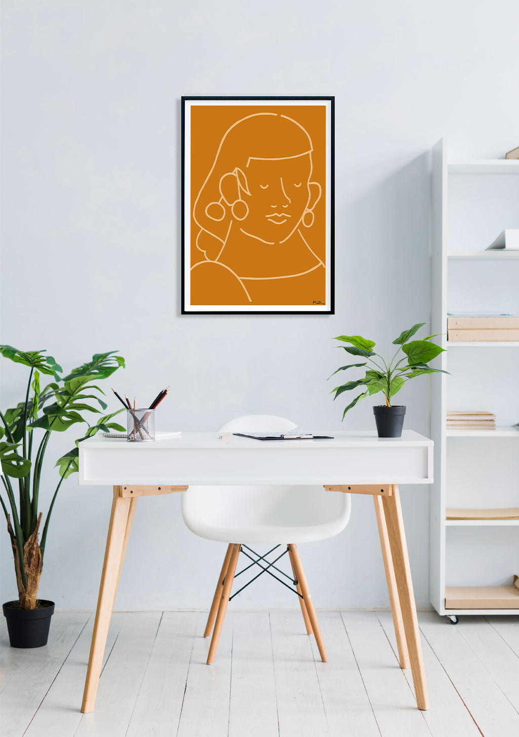 Poster orange ligne portrait femme cheveux boucles