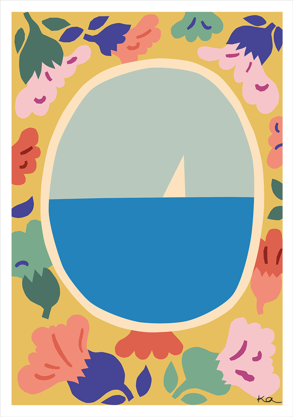 Bateau sur l'eau, cadre floral, fond jaune, art abstrait
