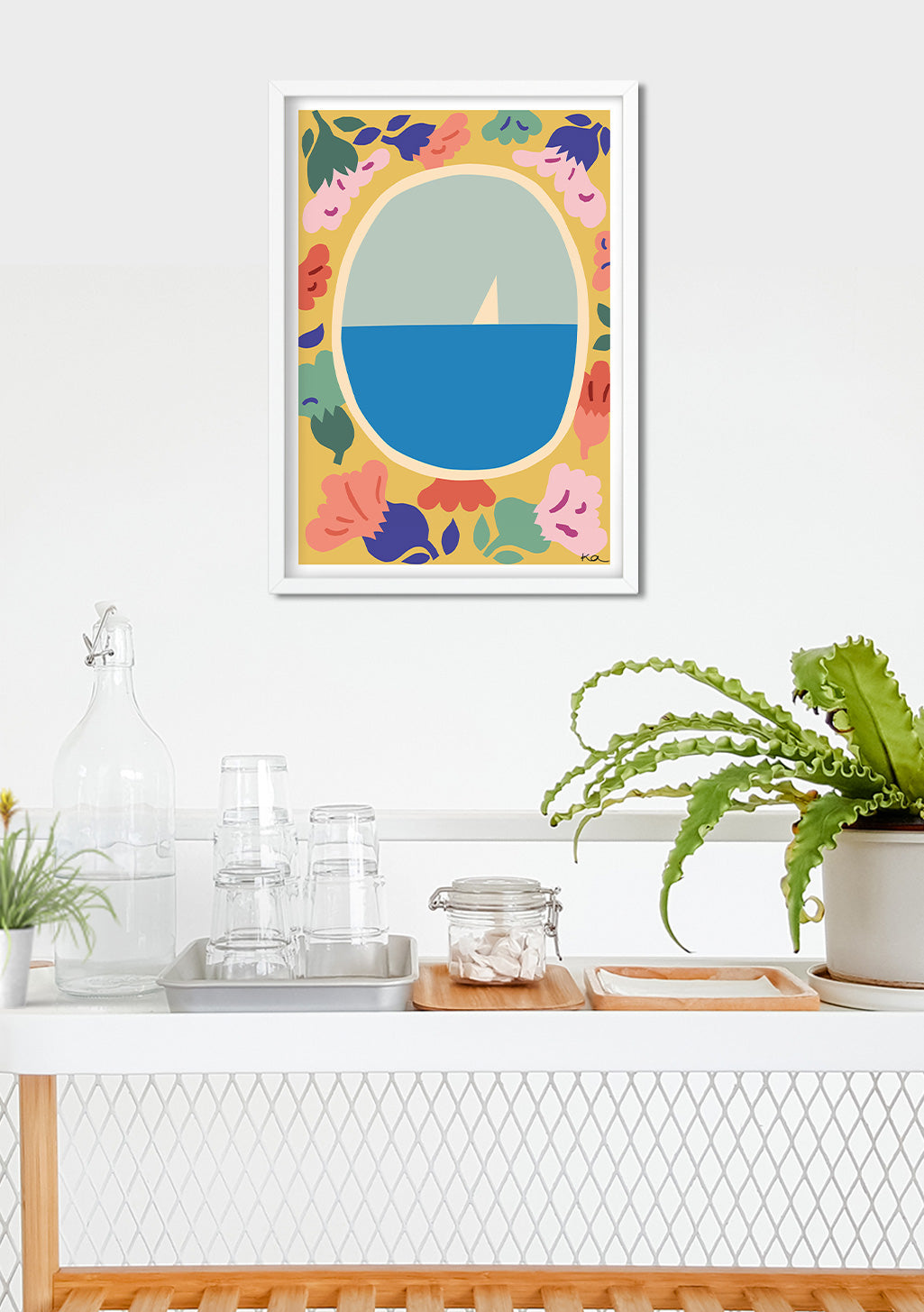 Poster de bateau sur fond floral coloré