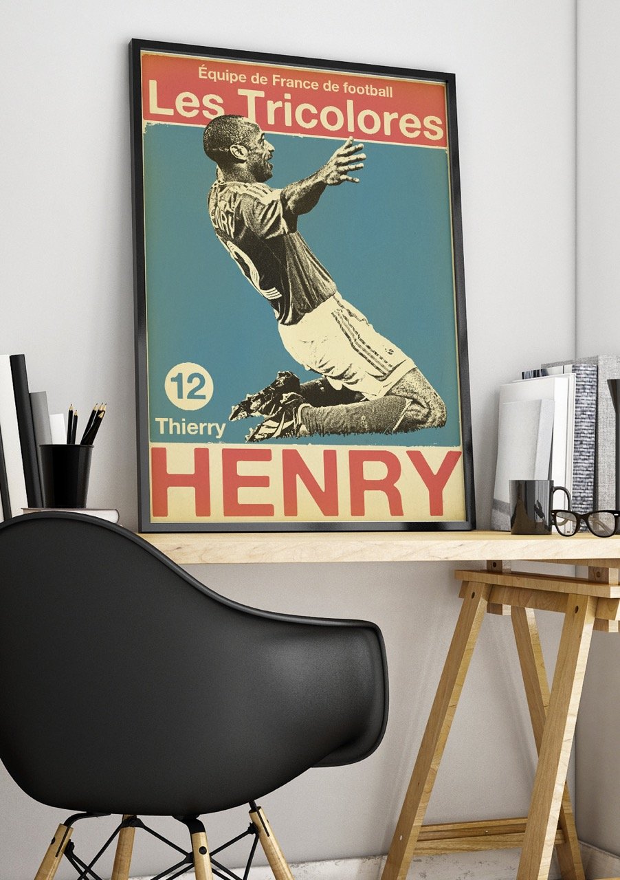 Poster de football, Les Tricolores, Henry, équipe de France, vintage, joueur, action, encadré, bureau, chaise, stylos, livres