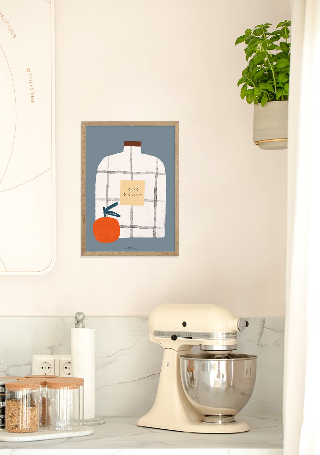 Bouteille d'huile d'olive, chemise, orange, cadre bleu