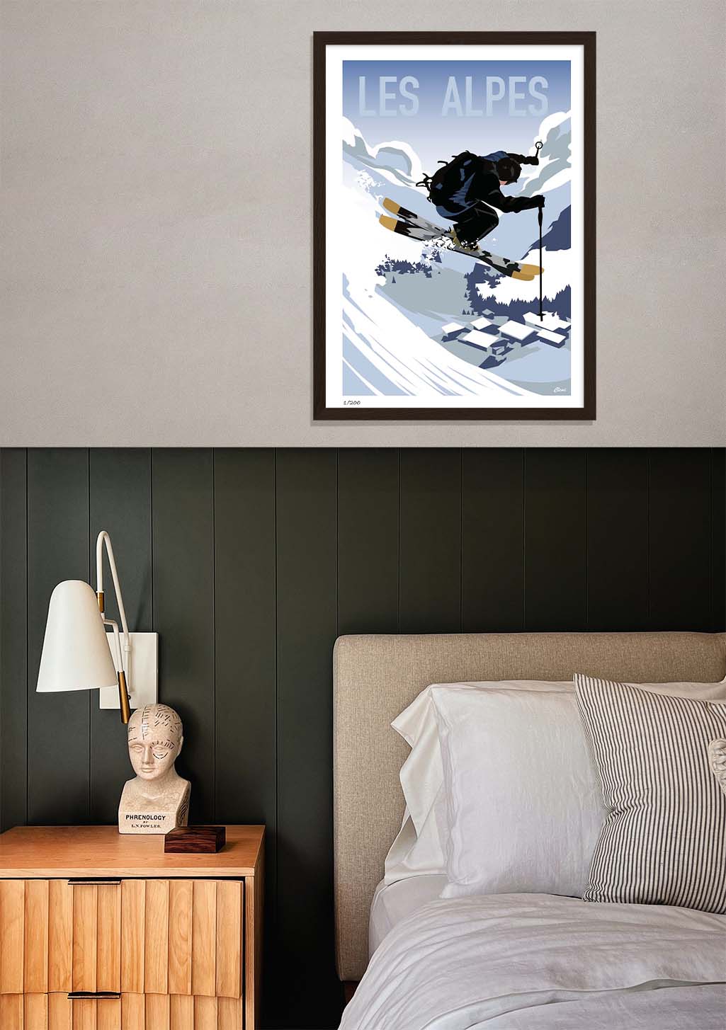 Poster des Alpes, ski, montagne, hiver, skieur, art vintage, cadre noir