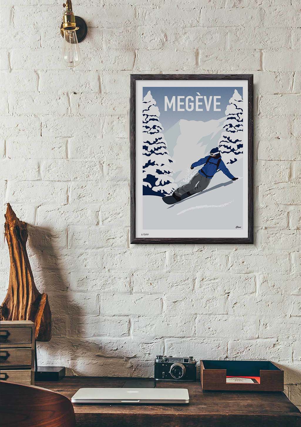 Poster de ski Megève, skieur, montagne, forêt, hiver, cadre, art mural