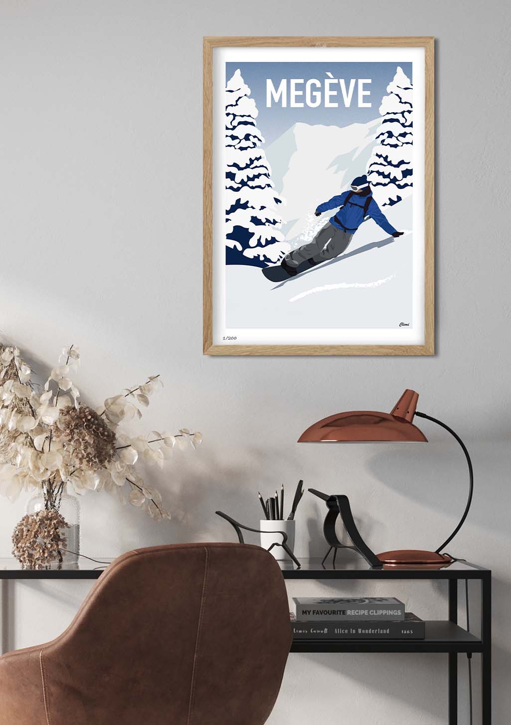 Paysage d'hiver, snowboarder, montagne, Megève, style vintage