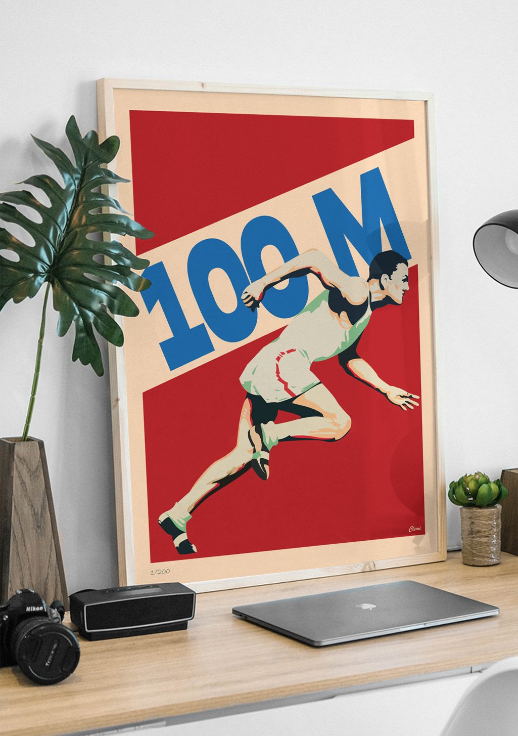 Athlète courant, 100 mètres, rouge, bleu, cadre en bois