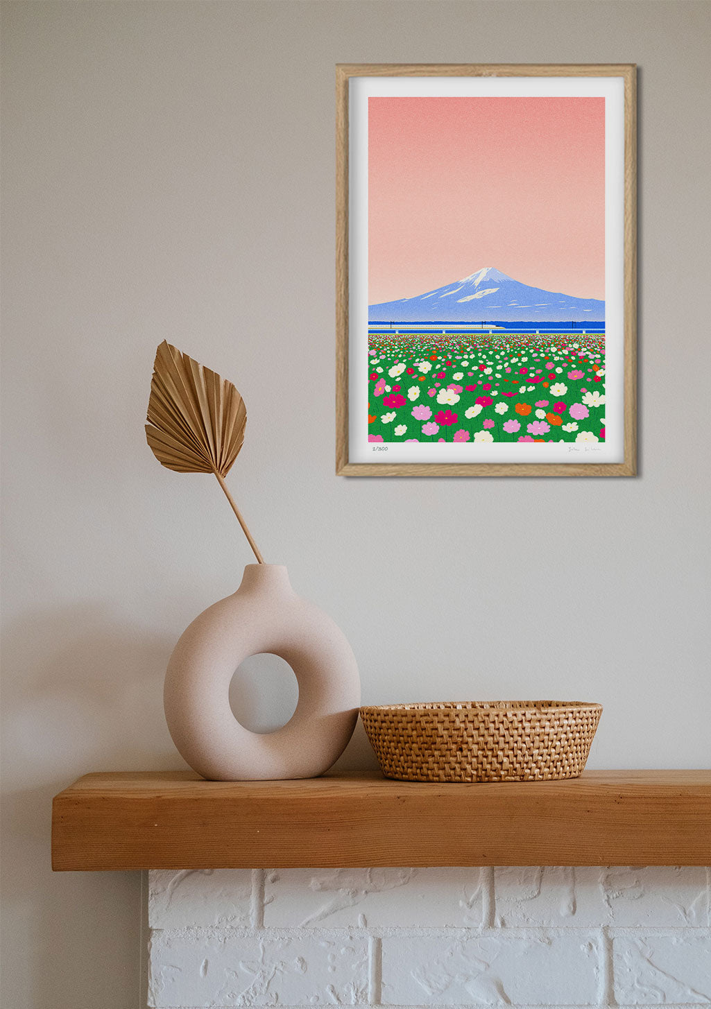 Montagne, Champ de fleurs, Ciel rose, Cadre en bois