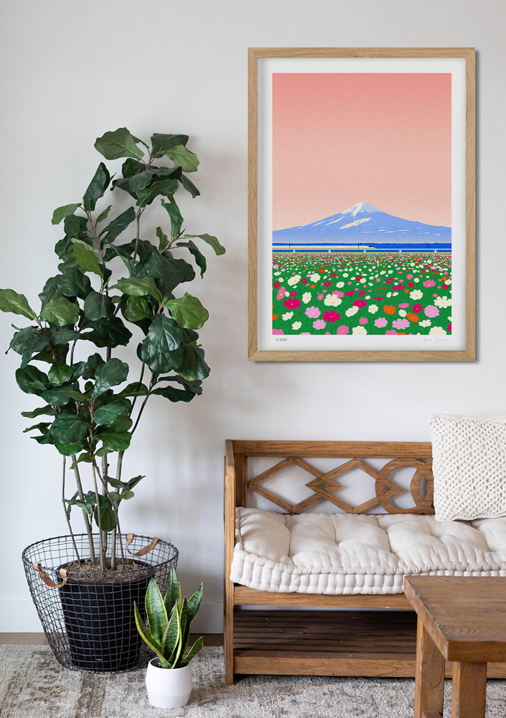 Montagne, champ de fleurs, ciel rose