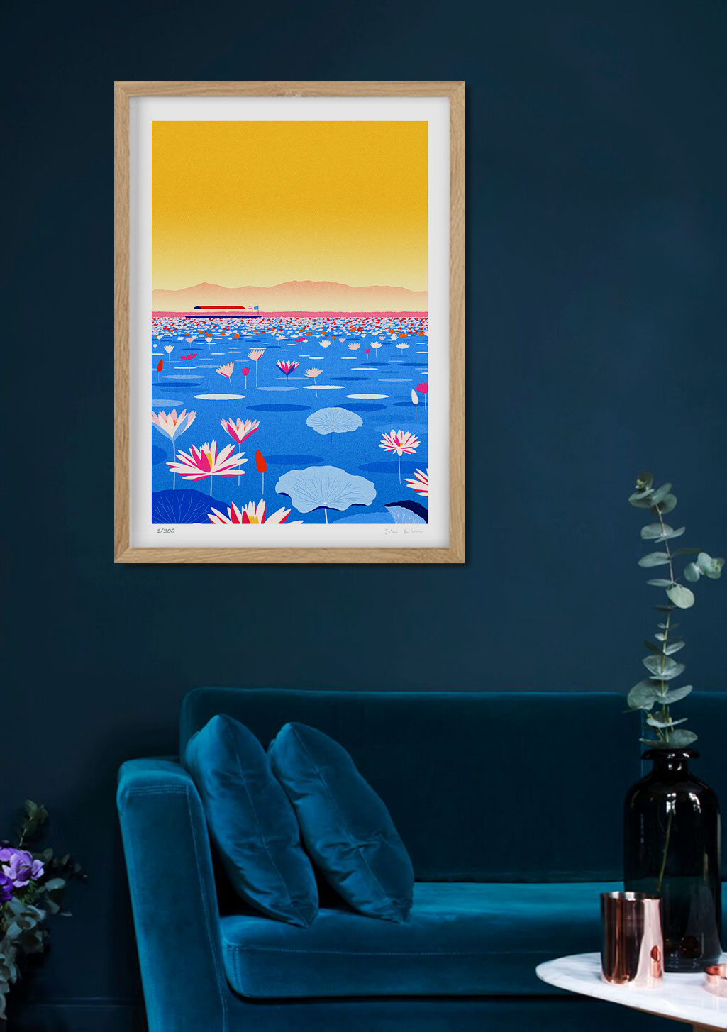 Poster de fleurs de lotus sur l'eau au coucher du soleil