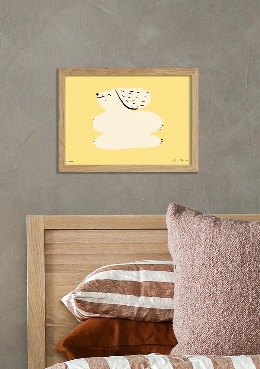Ours polaire jaune cadre bois mur