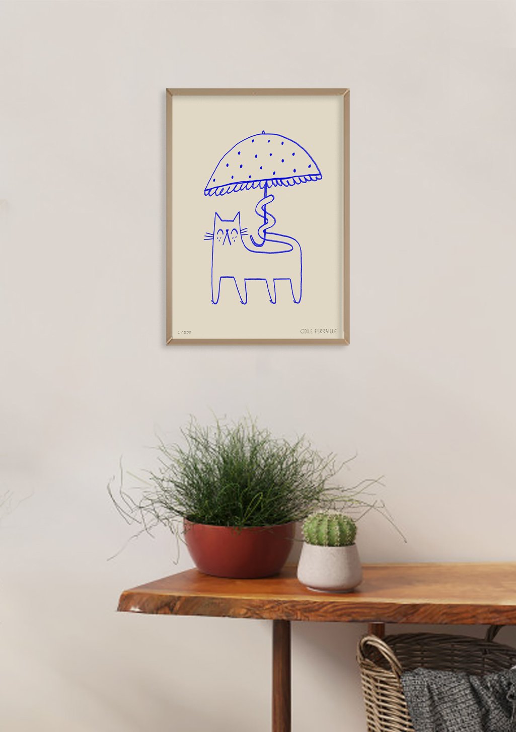 Chien tenant parapluie bleu, ligne simple, illustration encadrée