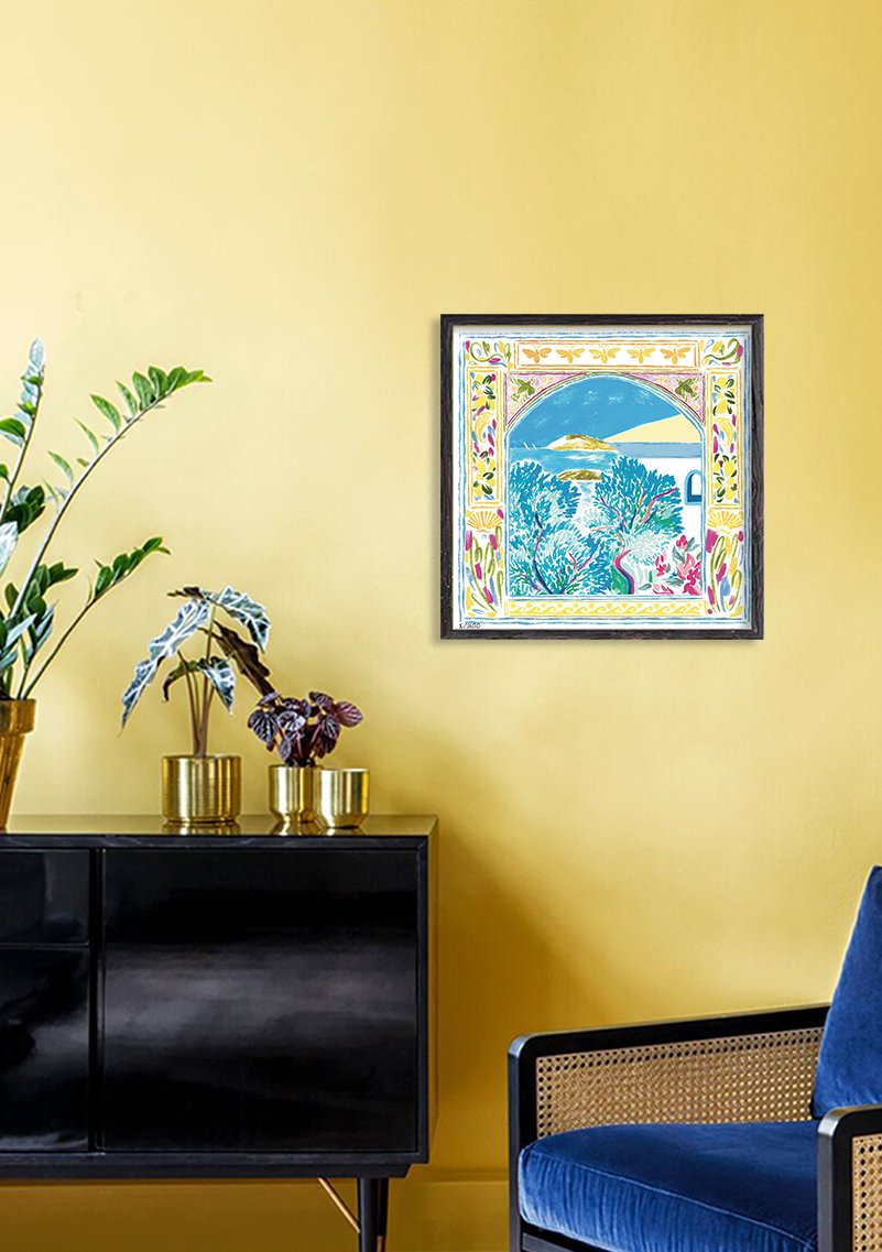 Poster encadré, scène tropicale, maison, plage, palmiers, couleurs vives