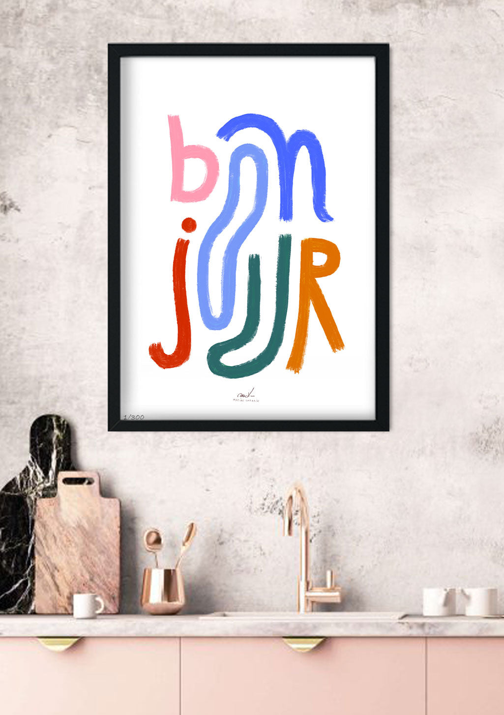 Poster coloré Bonjour, art abstrait, cuisine, mur, cadre noir, lettres stylisées