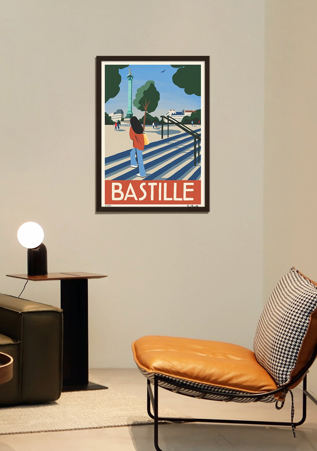 Poster Bastille Paris femme marchant pont