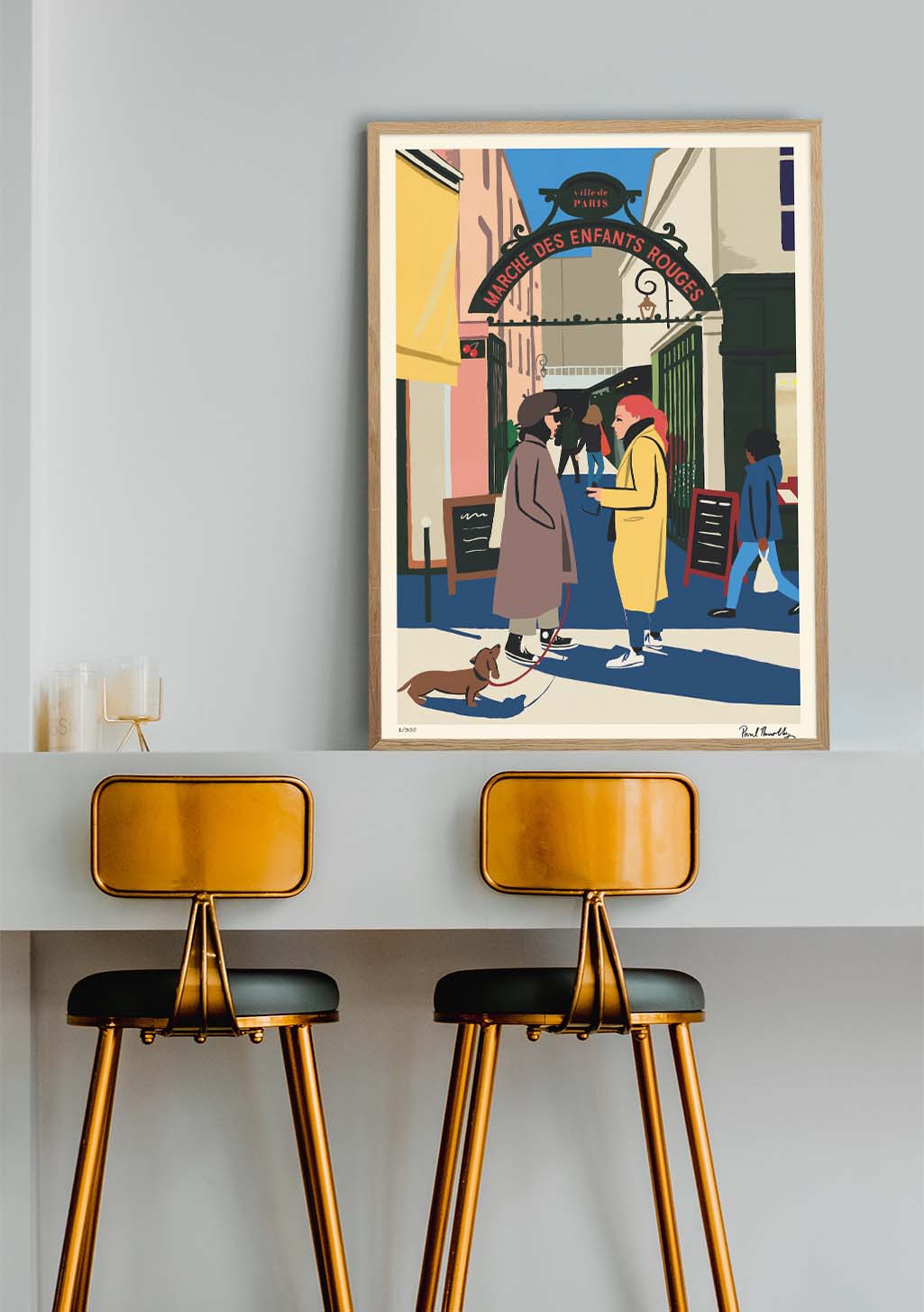 Poster de rue française, marché, personnes, chien, couleurs vives, art vintage