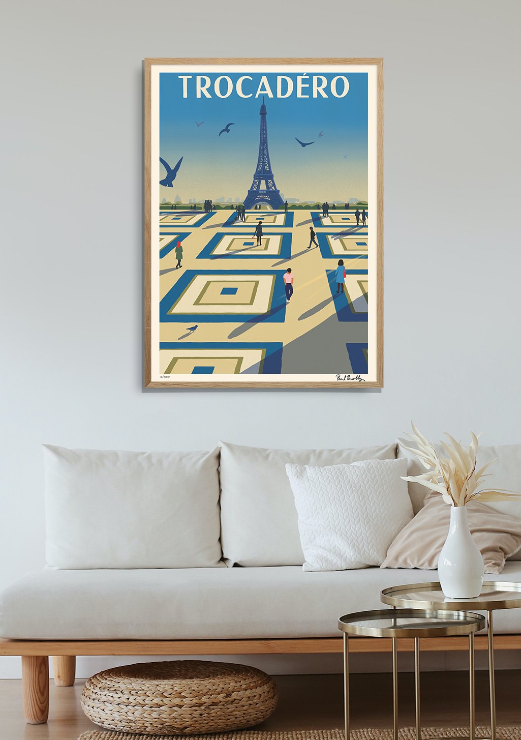 Poster de la Tour Eiffel, Trocadéro, Paris, style rétro, bleu et beige