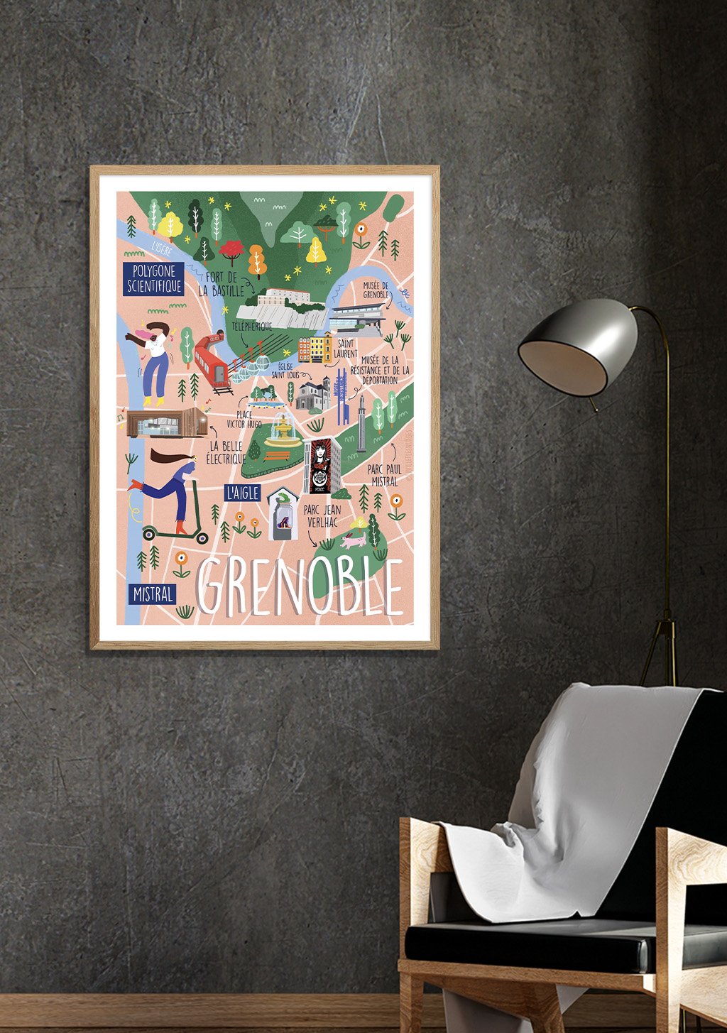 Illustration colorée de Grenoble, France, avec des sites et des activités