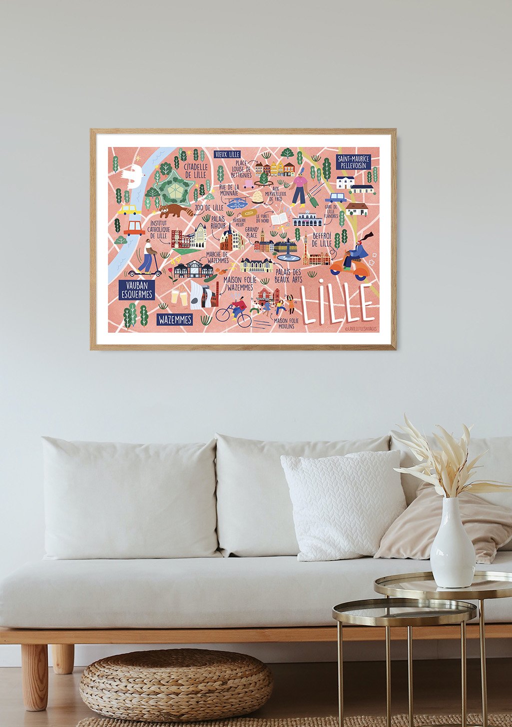 Carte illustrée de Lille, France, avec des monuments et des activités