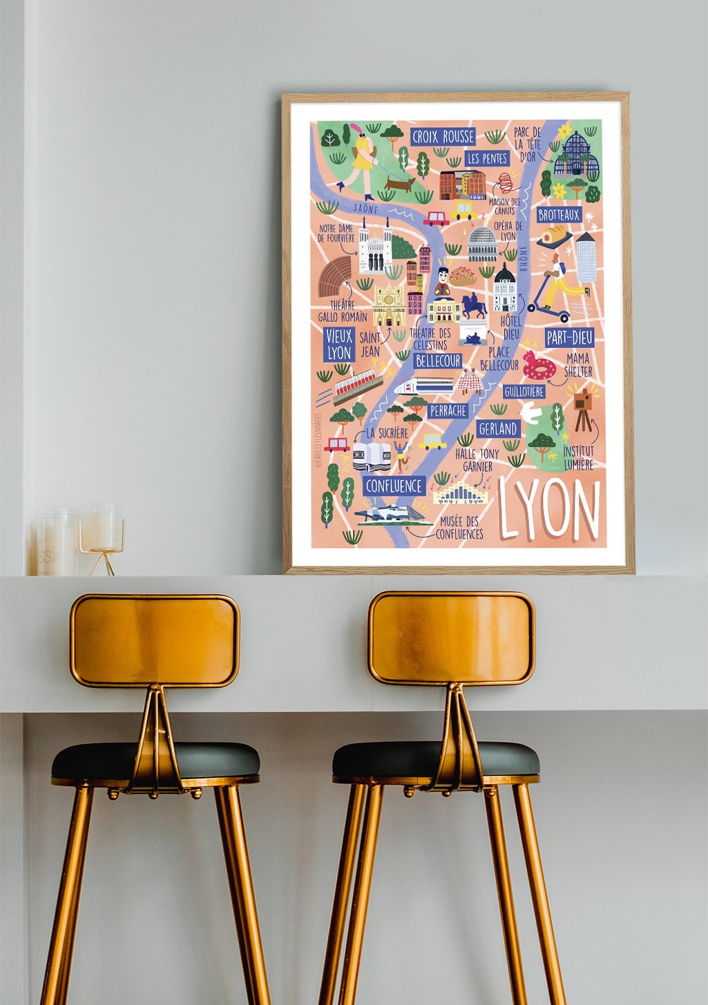 Carte illustrée de Lyon avec des monuments et des sites