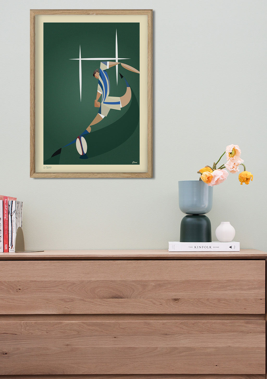 Art minimaliste, joueur de tennis, raquette, balle, vert, cadre en bois