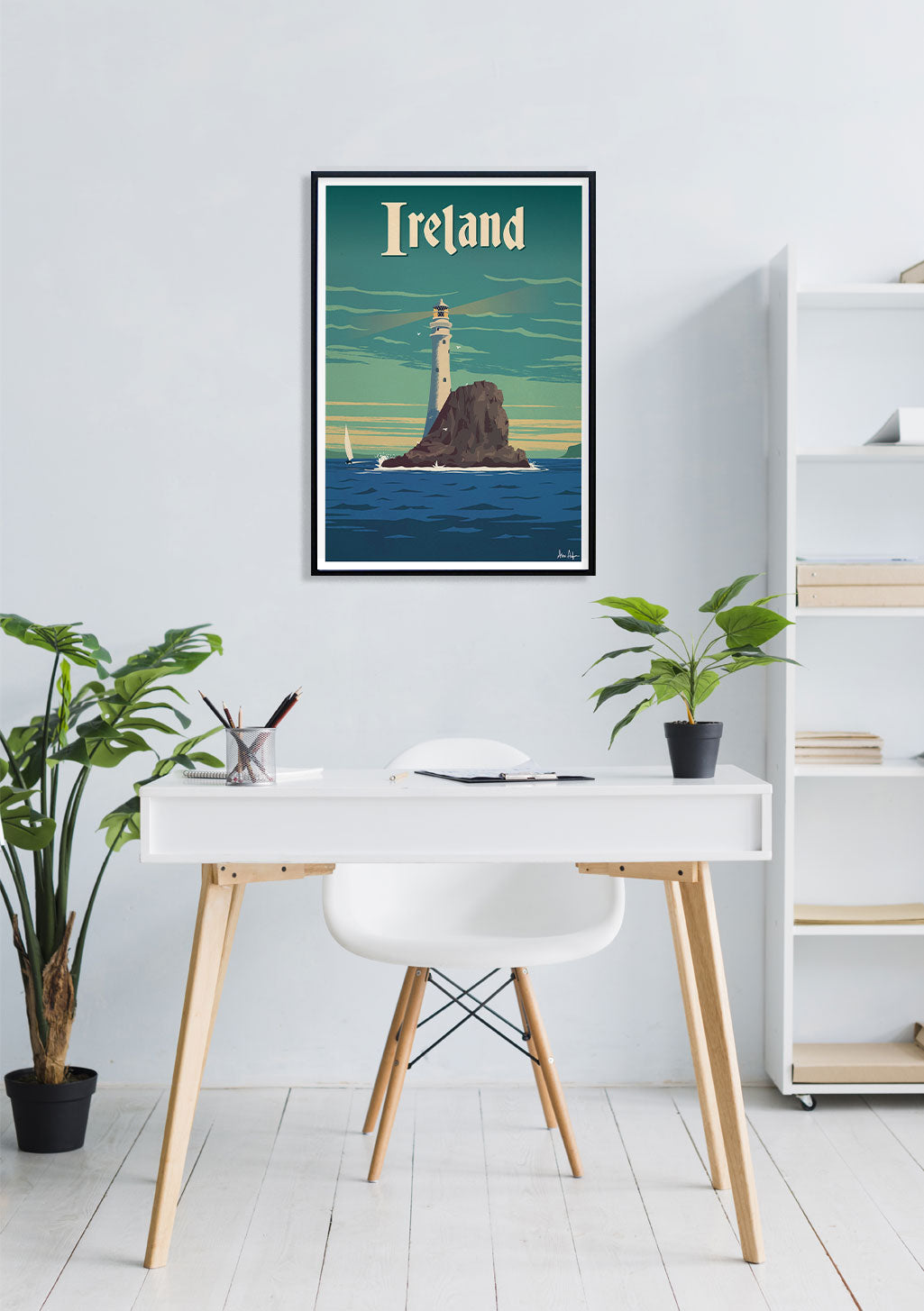 Poster de phare en Irlande, scène côtière, bateau, vert, bleu