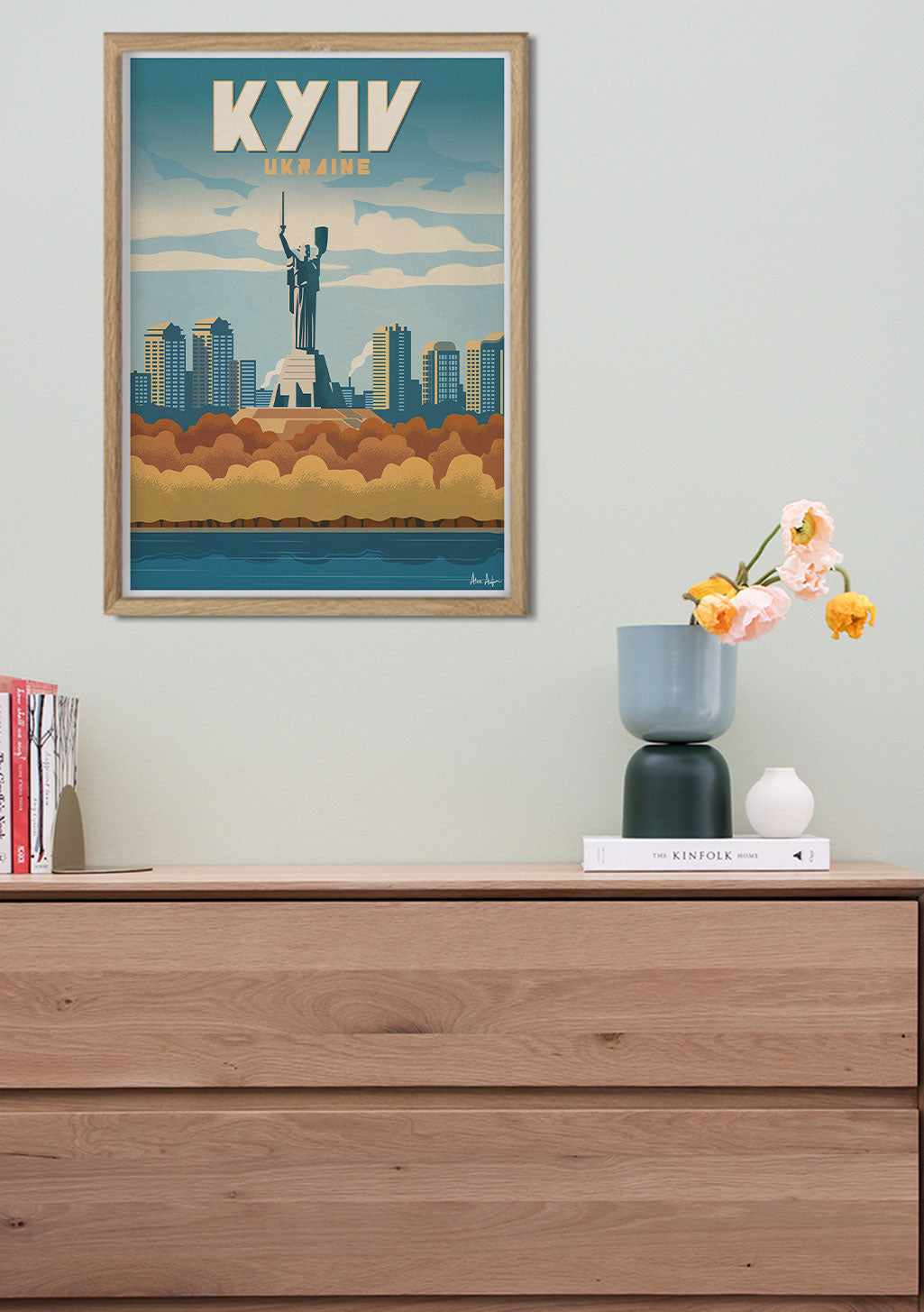 Statue, Ville, Ukraine, Kyiv, Skyline, Rivière, Couleurs vives