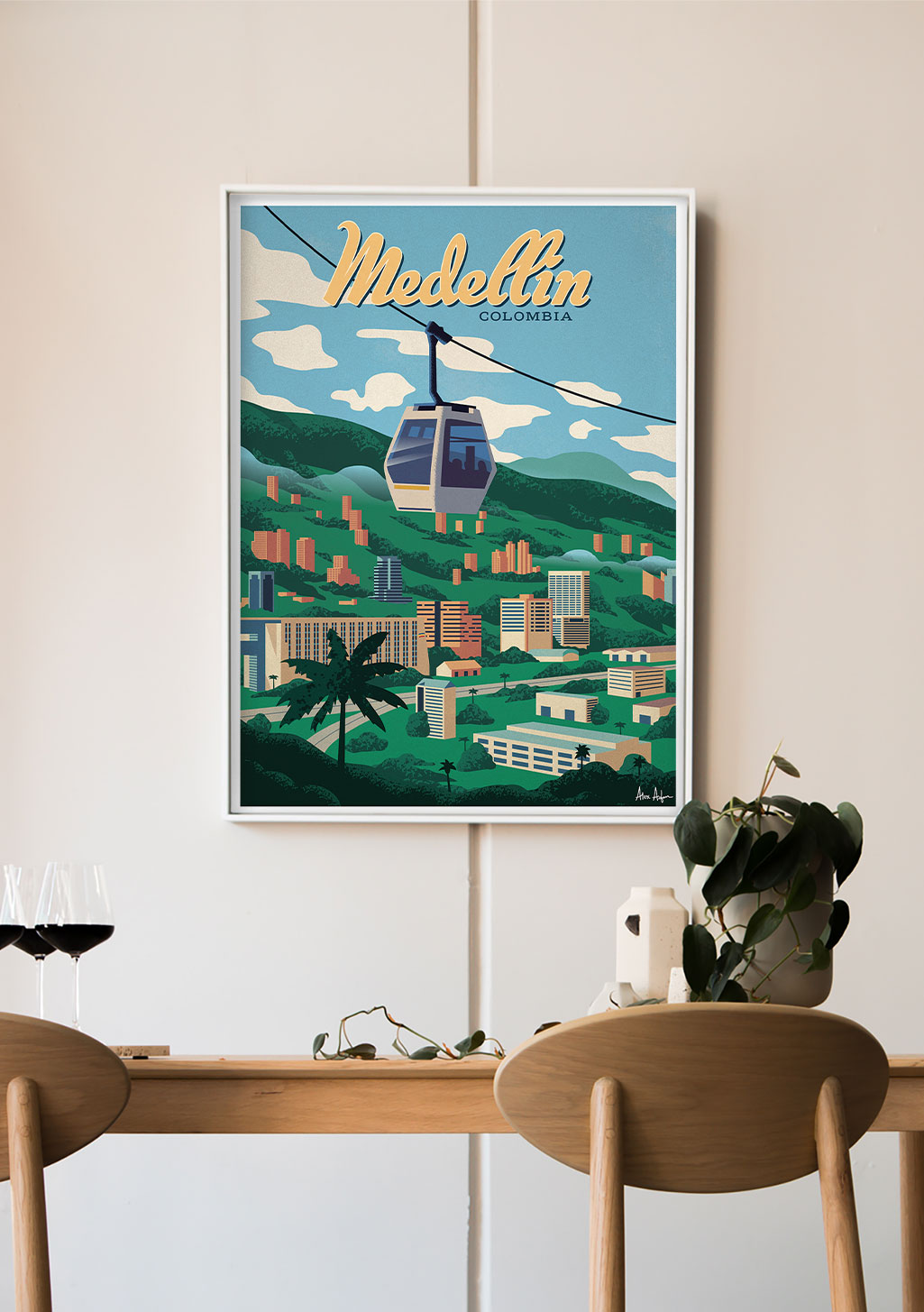Poster de Medellín, Colombie, téléphérique, ville, montagnes, ciel bleu