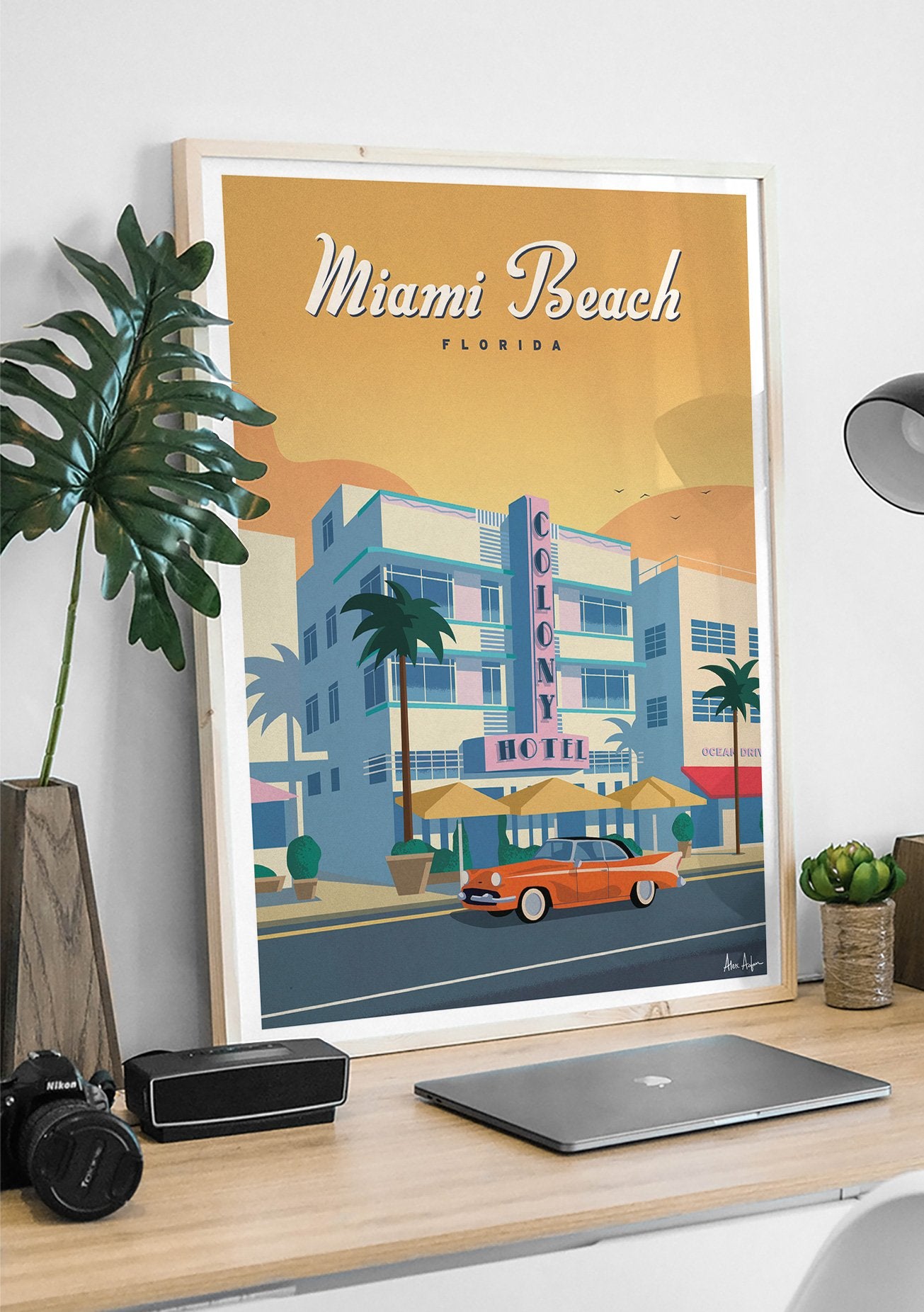 Miami Beach, Floride, hôtel, voiture, coucher de soleil, palmiers, vintage