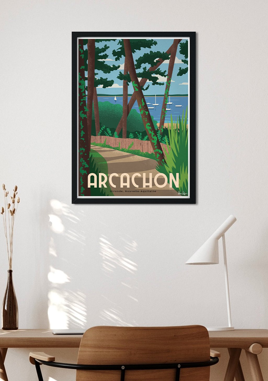 Arcachon, forêt, lac, bateaux, nature, voyage, affiche, cadre, mur, bureau, lampe, chaise