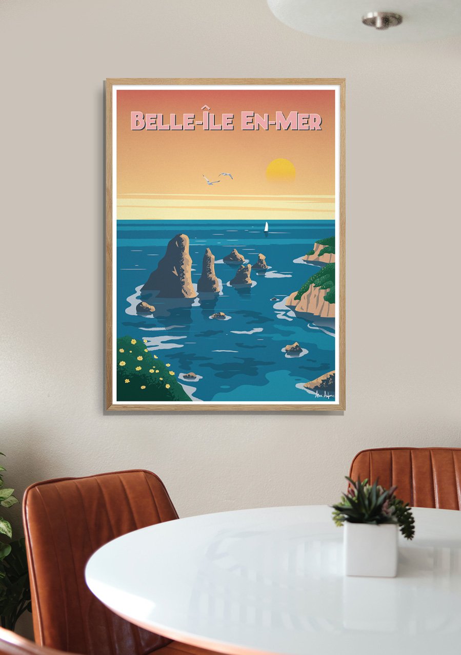 Poster de la mer Belle-Île-en-Mer, coucher de soleil, îles, bateau, ciel orange
