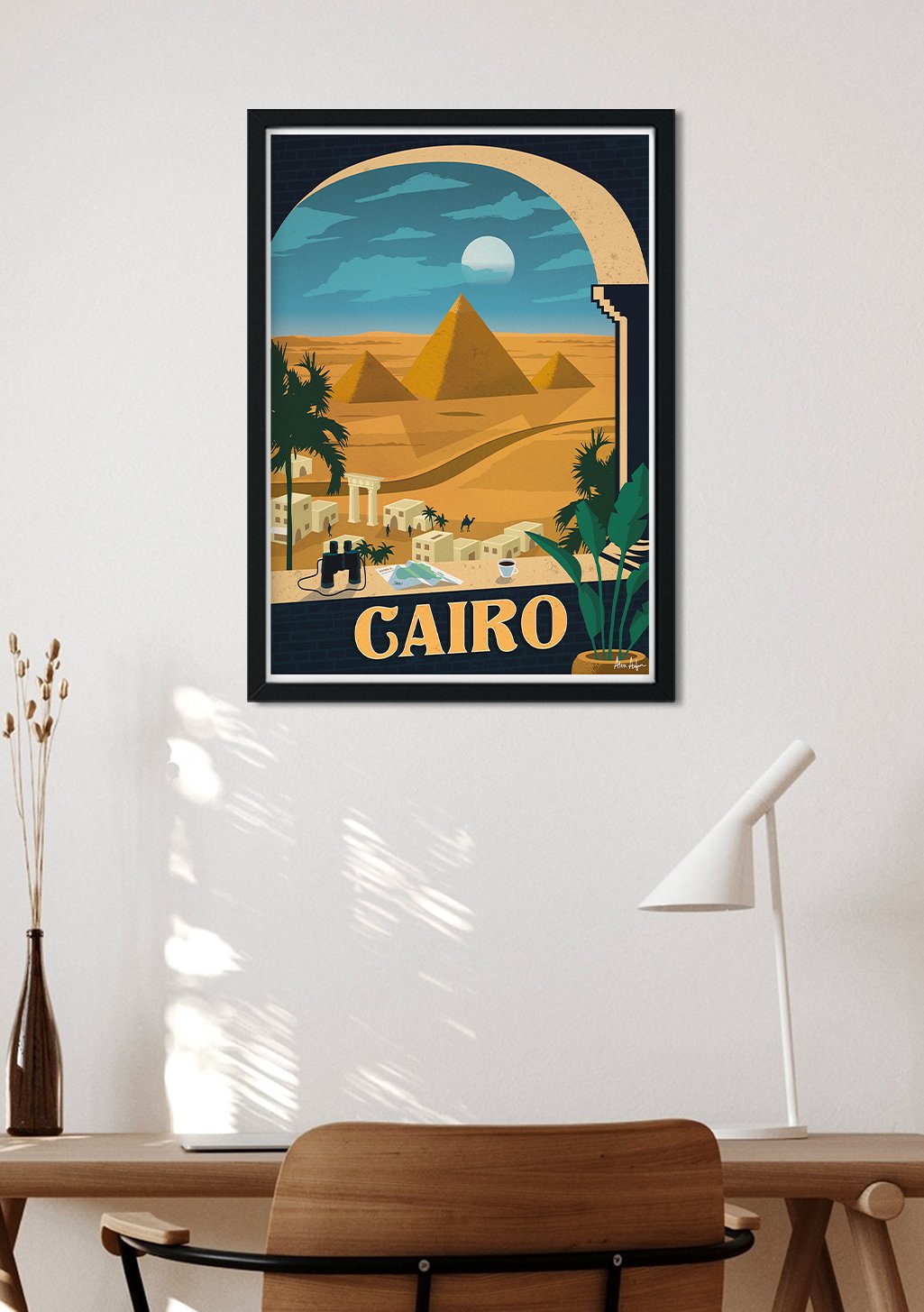 Pyramides, désert, lune, palmier, ruines, texte "CAIRO"