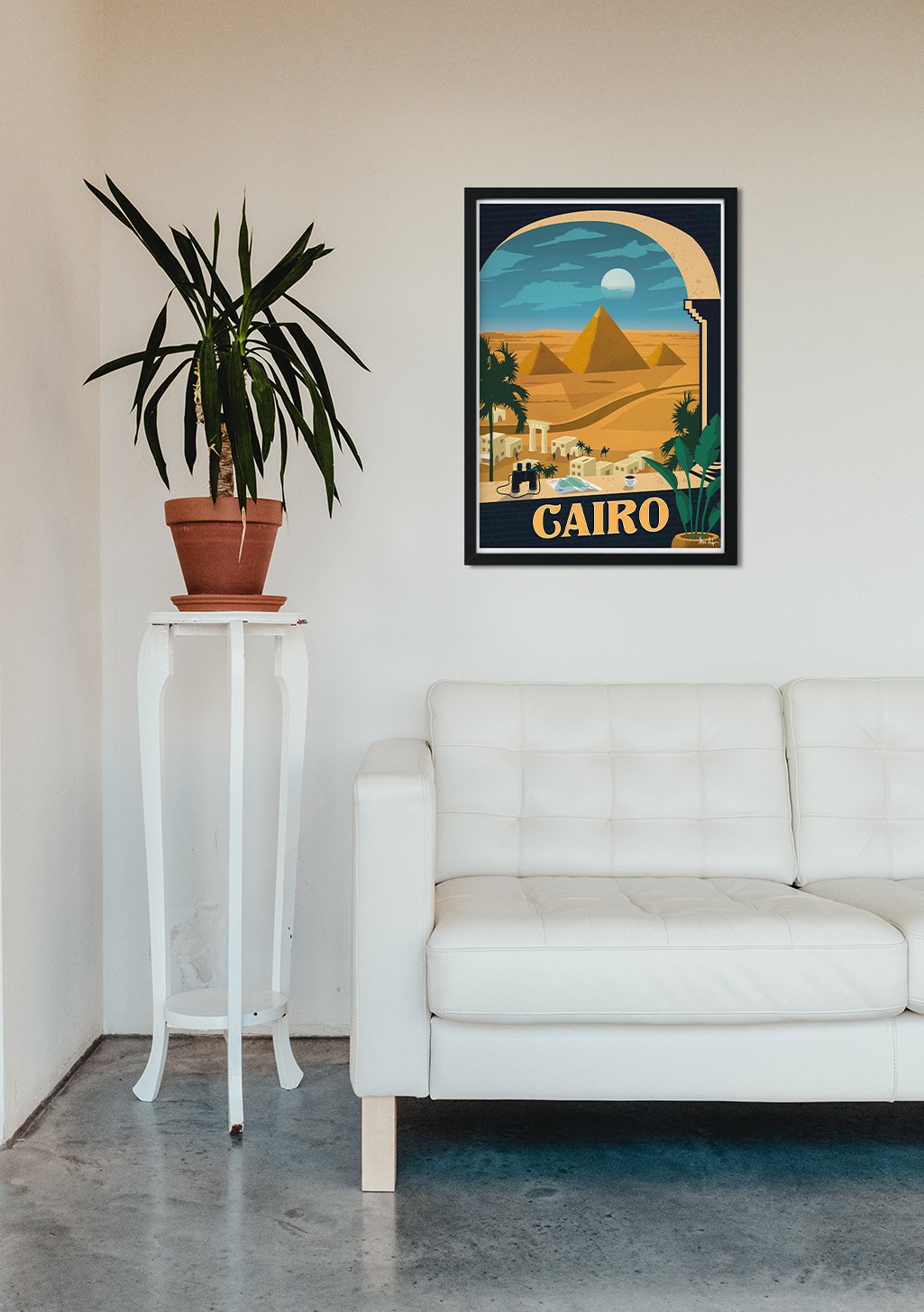 Pyramides, désert, soleil couchant, ville, texte CAIRO