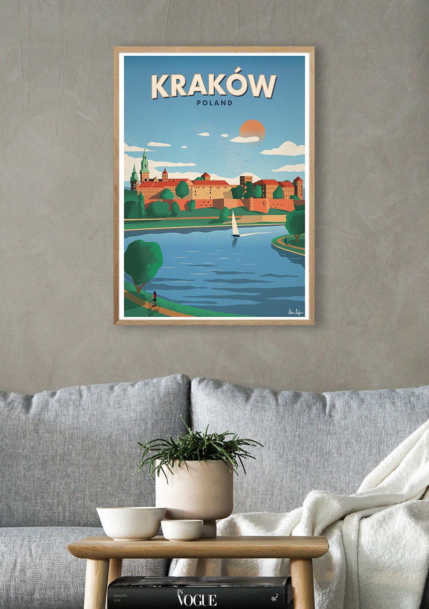 Poster de voyage de Cracovie, Pologne, scène de rivière, bâtiments colorés