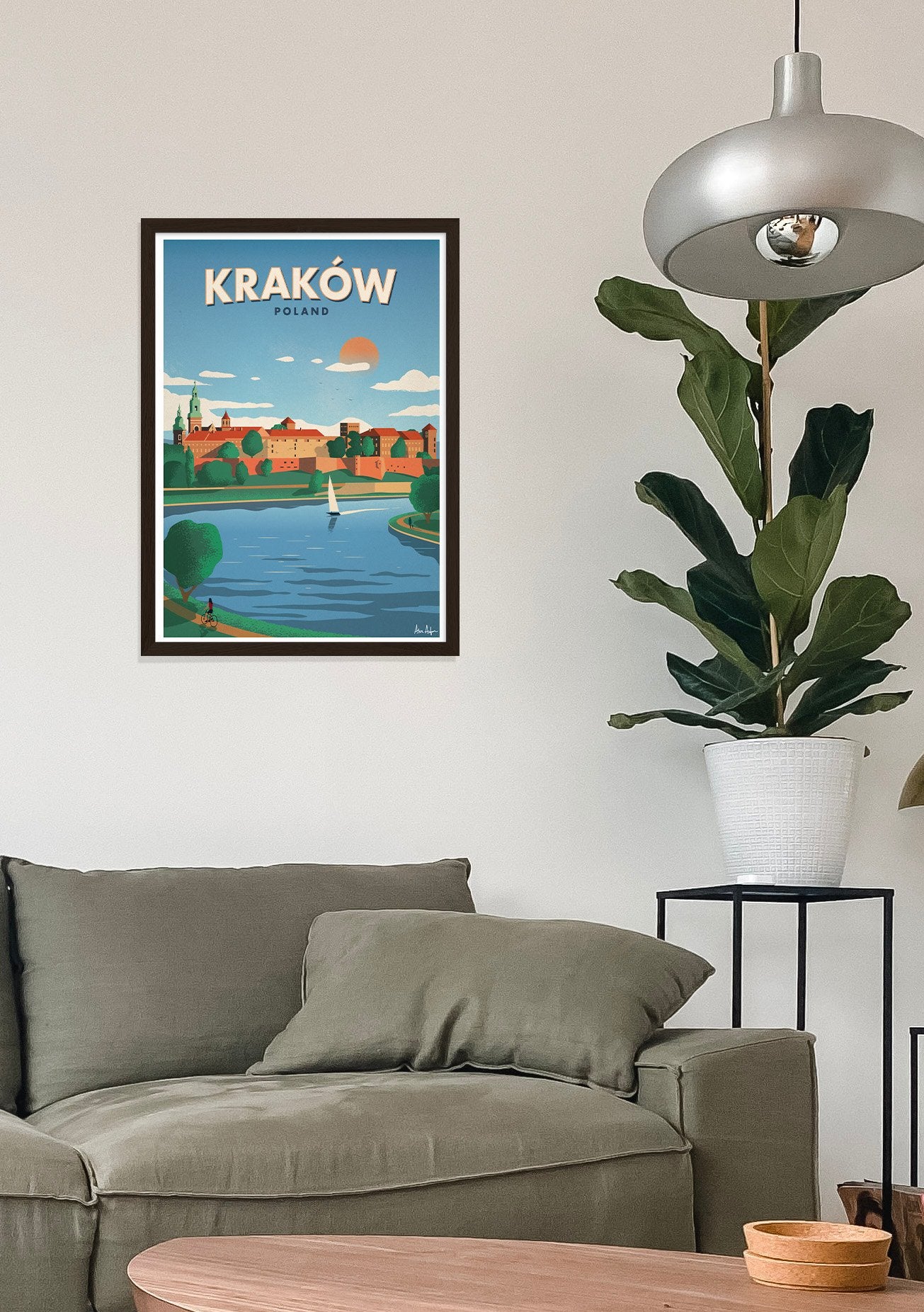 Poster de voyage de Cracovie, Pologne, scène de rivière, bâtiments colorés