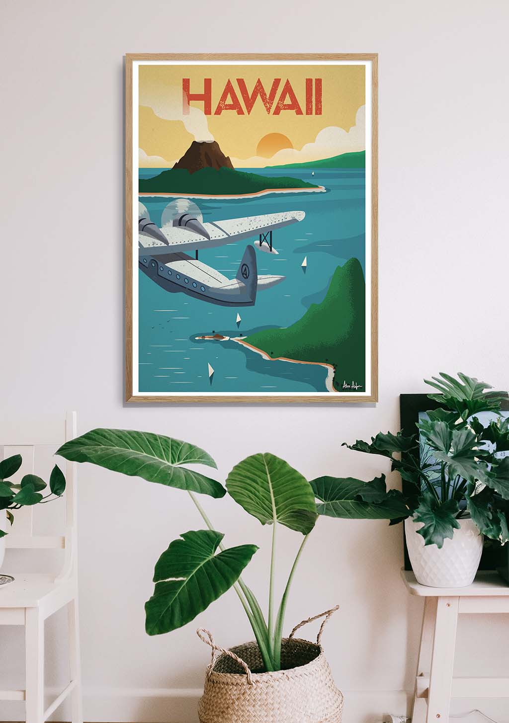 Affiches vintage d'Hawaï, avion, plage, coucher de soleil, montagne, voilier