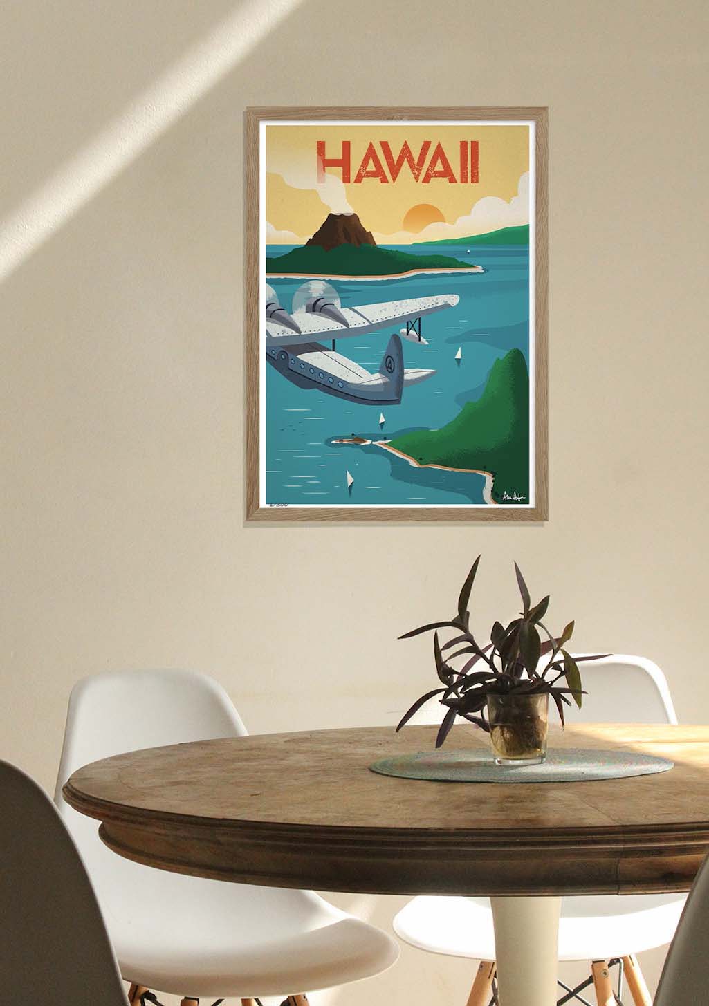 Poster de voyage Hawaii, avion, montagne, mer, bateau, ciel, soleil