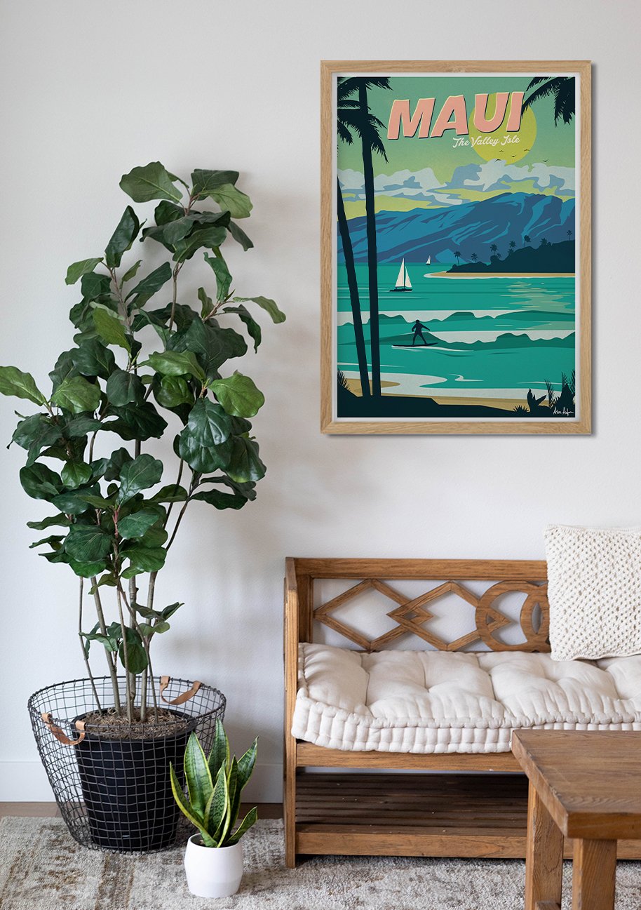 Poster de voyage de Maui, plage tropicale, palmiers, bateau, coucher de soleil