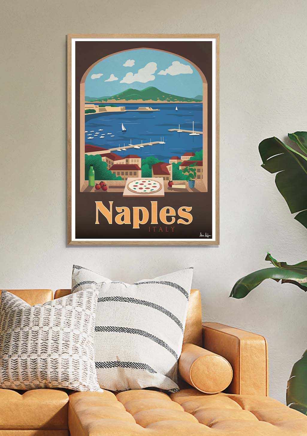 Poster Naples Italie, scène côtière, pizza, bateau, montagne, ciel bleu
