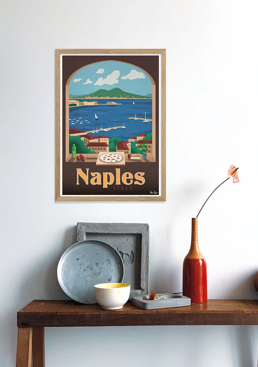 Poster Naples Italie, scène côtière, bateau, pizza, paysage urbain