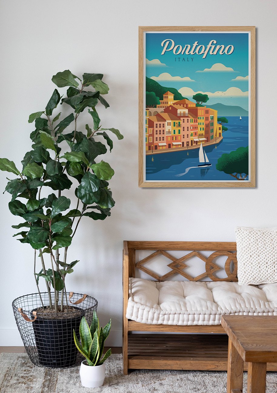 Poster de Portofino Italie, ville côtière colorée, bateau, ciel bleu